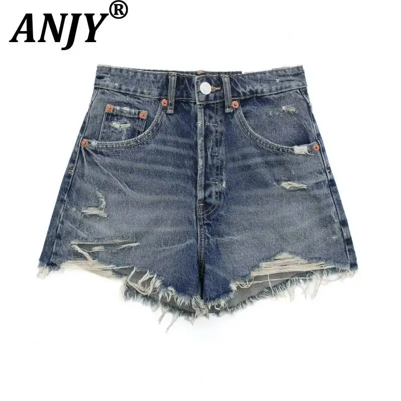 

ANJY Spring Summer New Women Washed Ripped Raw Edge Design Denim Shorts American Style Trendy Ins Slim Wide-leg Hot Pants A24832