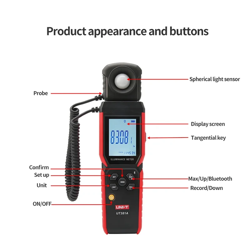UNI-T UT381A Illuminometer Geïntegreerde en gesplitste digitale lichtverlichtingssterktemeter 400.000 Lx 37160 Fc Luxometer met Bluetooth APP