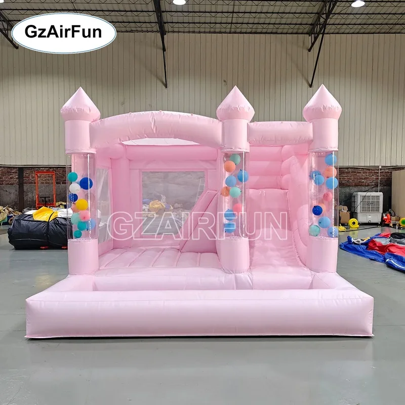 Pink Macaron Inflatable Bounce House With Slide, Princess Inflatable Jumping Castle With Transparent Ball Columns for Kids Party