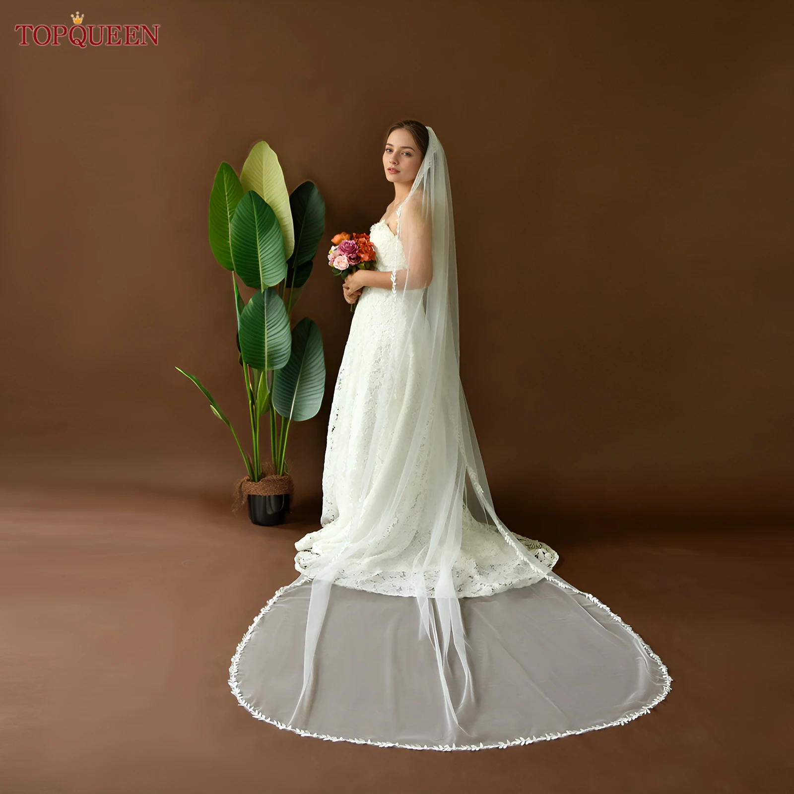 TOPQUEEN V129 كاتدرائية الزفاف الدانتيل الحجاب 3m طويل طرحة زفاف أبيض عاجي مع ورقة الدانتيل اكسسوارات الزفاف للتخصيص