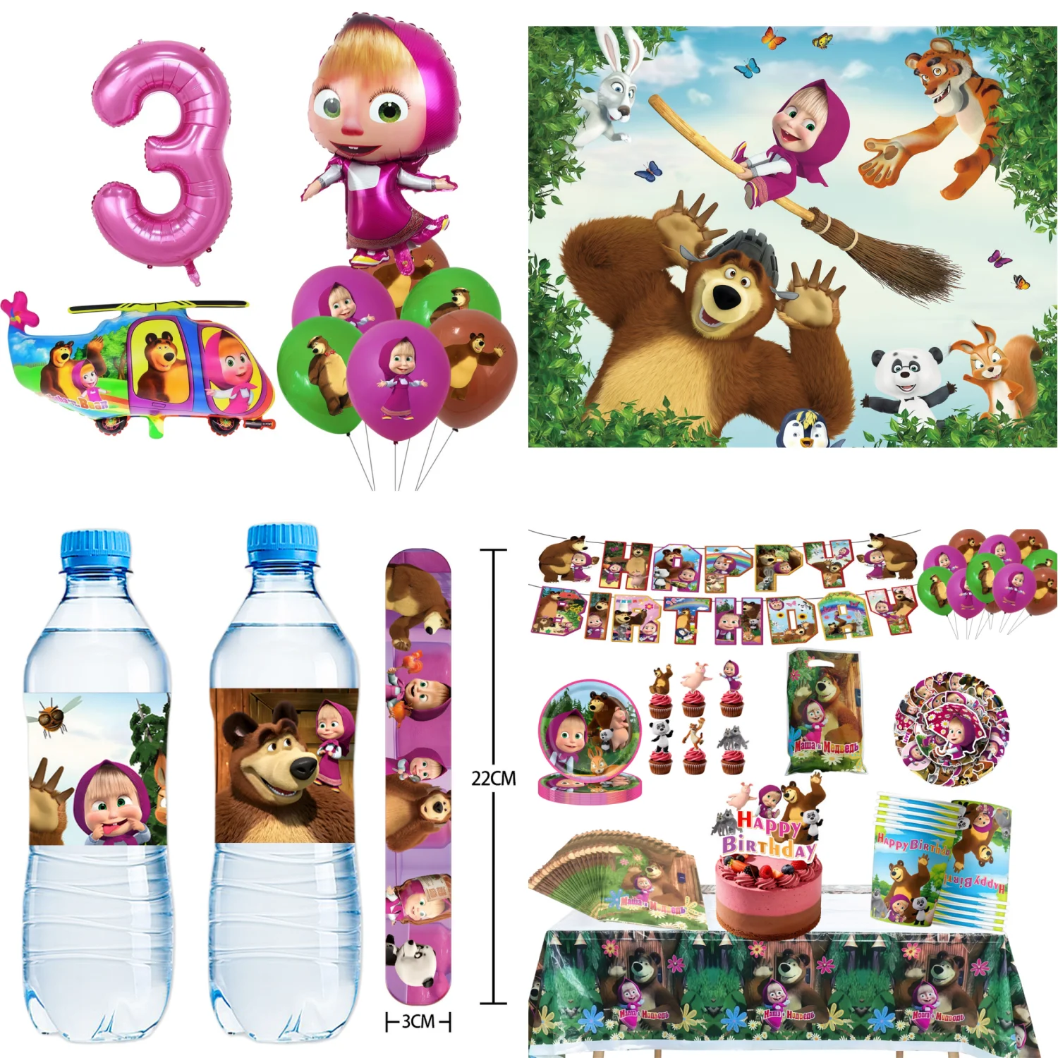 Kit de Decoração para Festa de Aniversário Masha e o Urso, Balões com Tema de Desenho Animado para Meninas, Suprimentos para Eventos Infantis, Utensílios Descartáveis, Fundo para Festa