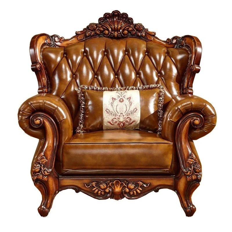 

Solid wood carving European leather sofa villa leather sofa living room first layer cowhide sofa