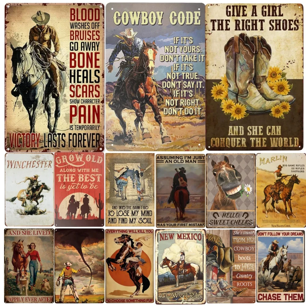 Riding Horse Metal Tin Sign Cowboy Boots Hats Retro Tin Sign for Farm Village Home Hotel Bar Cafe Outdoor Wall Decoration