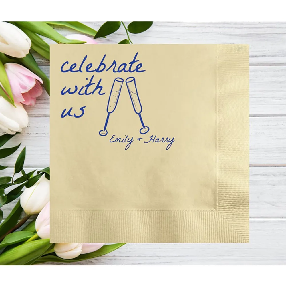 50PCS Celebrate with Us Champagne Glasses Personalized Wedding Napkins, Custom Hand Drawn Cocktail Napkins, Engagement Party, Re