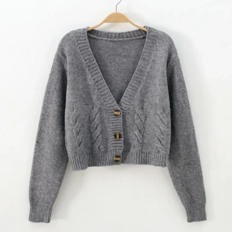 

2025 Korean Fashion Cardigan V Neck Cropped Cardigan Women Long Sleeve Twist Knitted Sweater Coats Autumn Winter Keep Warm