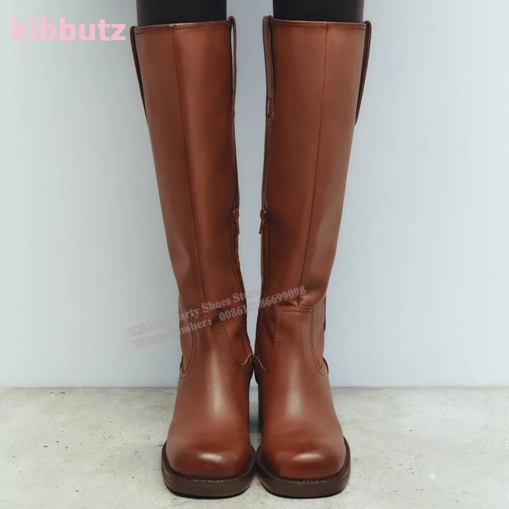 Retro Rider Knee High Boots Genuine Leather Round Toe Chunky Heel Mixed Color Side Zipper Fashion Concise Cowboy Women Shoes New