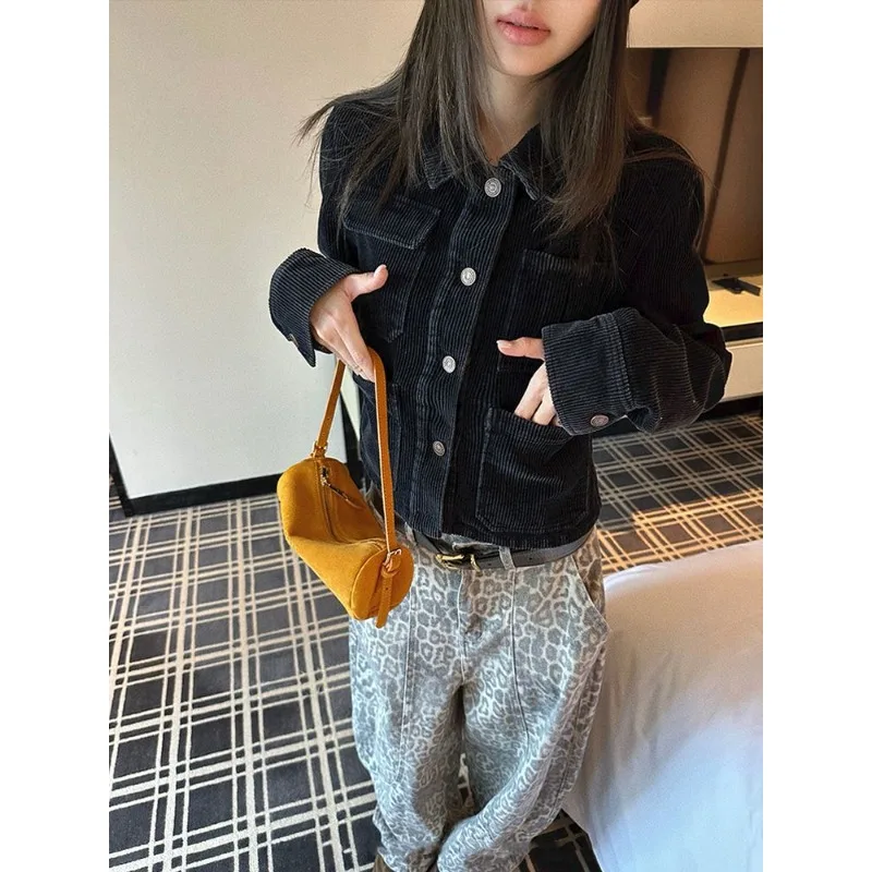 Vintage Heavy Industry Corduroy Short Jacket Women's Autumn New Black Loose Multi-Pocket Straight Jacket Top