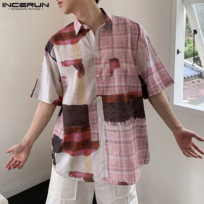 

Fashion Casual Style Tops INCERUN 2024 Men's Striped Checkered Printed Shirts Summer Streetwear Short Sleeved Lapel Blouse S-5XL