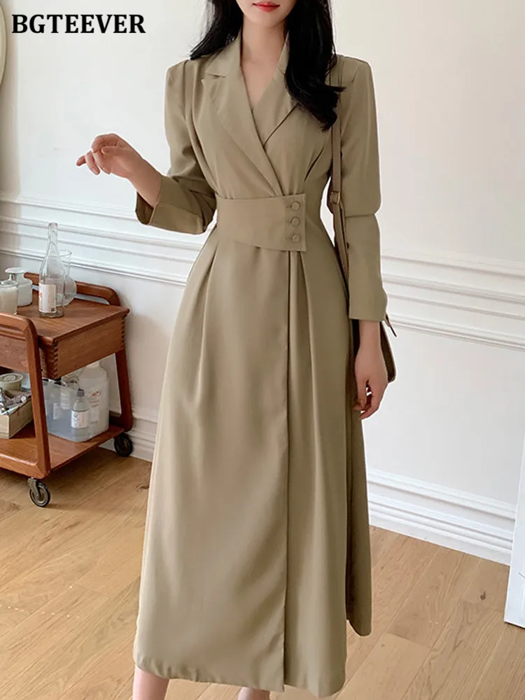 BGTEEVER Elegant Notched Collar Solid Suit Dress Women Spring Autumn Long Sleeve Belted Slim Waist A-line Dress Female