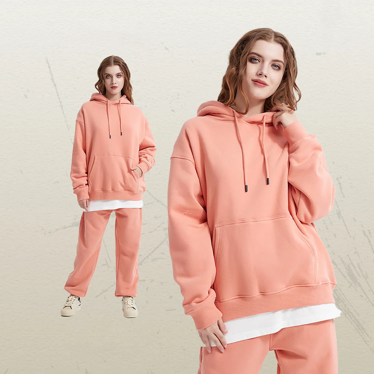 2022 autumn and winter polar fleece solid color hooded sweater 2-piece set loose plus velvet drawstring tide brand sweatpants