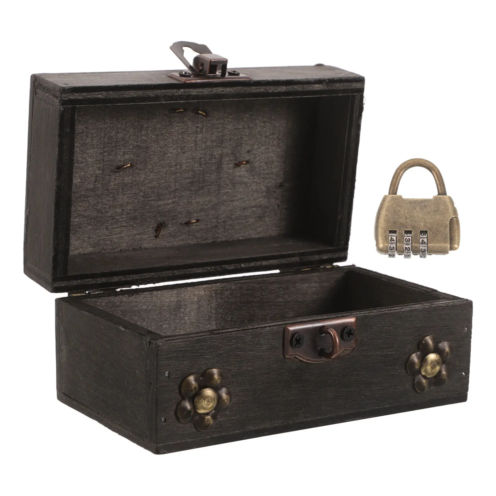 Retro Wooden Jewelry Box Lockable Hasp Vintage Storage Case Organizer for Rings Earrings Necklaces Decorative Treasure Box