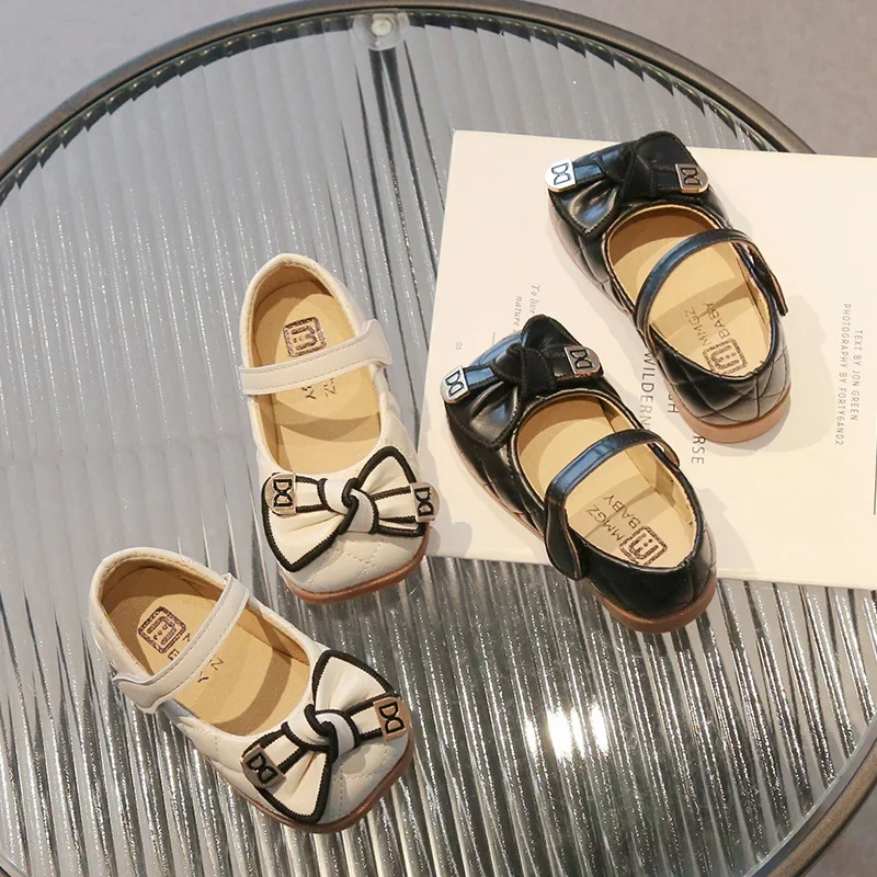 

Демисезонные детские кожаные туфли для девочек, Симпатичные мягкие Нескользящие Дизайнерские повседневные туфли с бантом, детская обувь на плоской подошве
