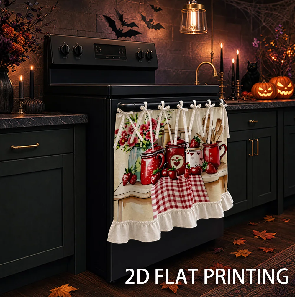 1PC kitchen stove curtain, cabinet curtain, apron. Featuring a 2D graphic design with a cute strawberry, red jar and heart print