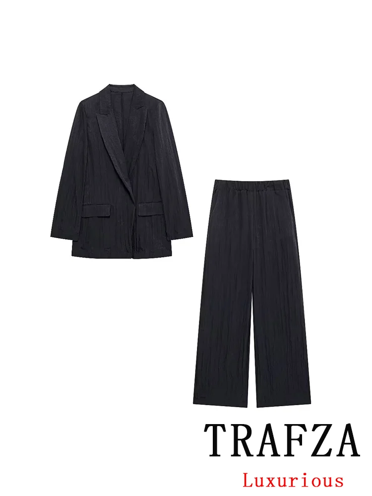 TRAFZA Vintage Casual Solid Women Suit Long Sleeve Pockets Blazer Loose Straight Wide Leg Pants Fashion 2024 Autumn Female Suit