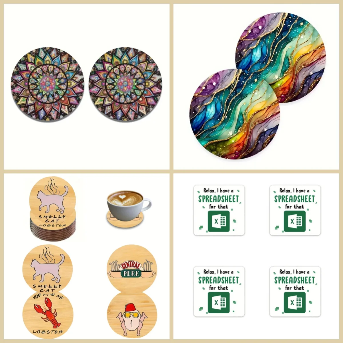 2/4 round square Coaster, cat, Mandala, irregular pattern, Wooden material, Desktop non-slip Decoration, Holiday party