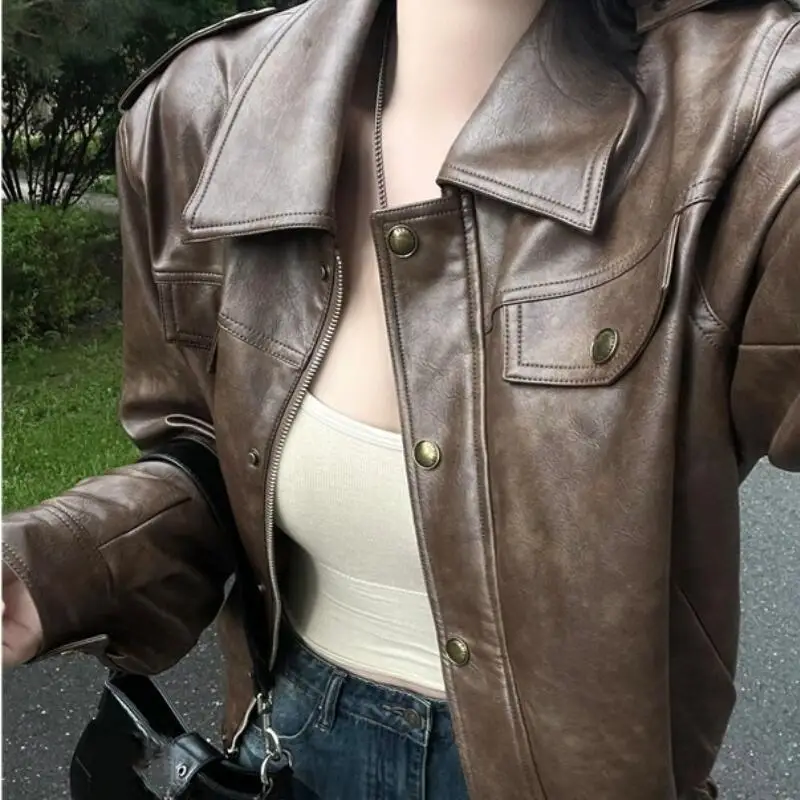 

Женская кожаная куртка в американском стиле весной 2025, новая тенденция, ретро-мода, универсальный дизайн, кожаная куртка-топ, новый стиль