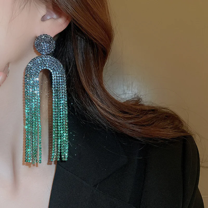 Pendientes largos geométricos en forma de U verdes con diamantes de imitación de lujo para mujer, joyería exquisita para fiesta y boda