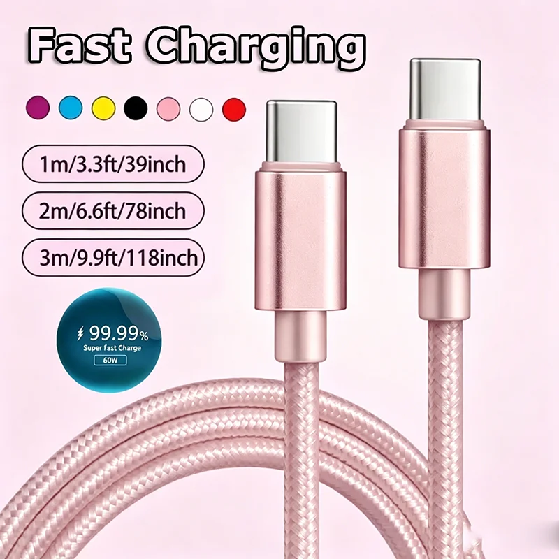 1/2/3m 60W 5A Nylon-Schnellladekabel Dual Type-C Buntes Datenkabel Hochgeschwindigkeits-Datenübertragung Schnellladekabel für Xiaomi17
