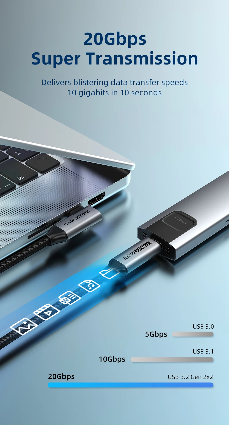 CABLETIME USB C auf USB C-Kabel USB 3.2 Gen 2 20 Gbit/s 90 Grad PD 100 W 4K 60 Hz Video-Schnellladung für iPhone 16 MacBook Pro iPad – Detail 3
