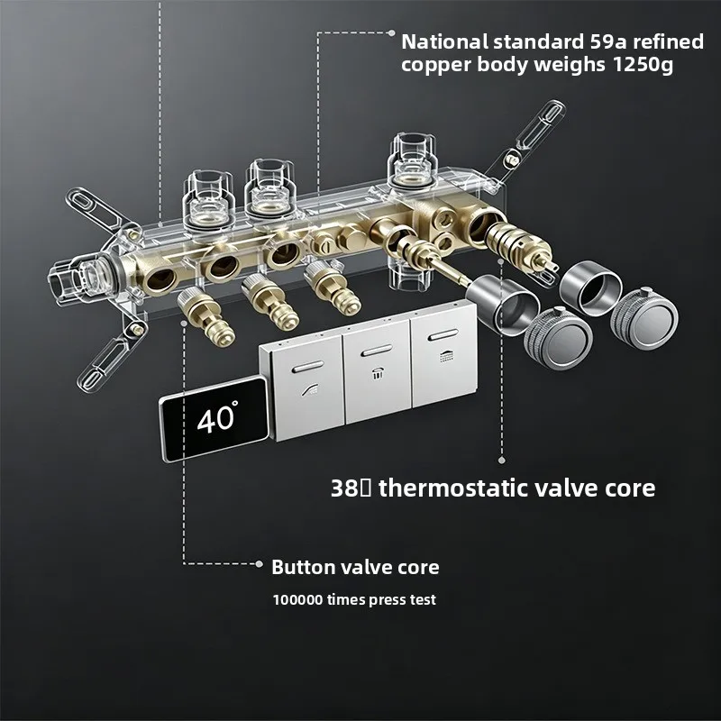 Sky screen thermostatic concealed shower intelligent digital display all copper wall waterfall shower set hotel