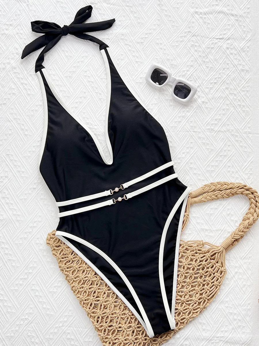 Deep V Neck Splicing Halter With Waist Belt One Piece Swimsuit Women Swimwear Female High Cut Monokini Bather Bathing Suit Swim