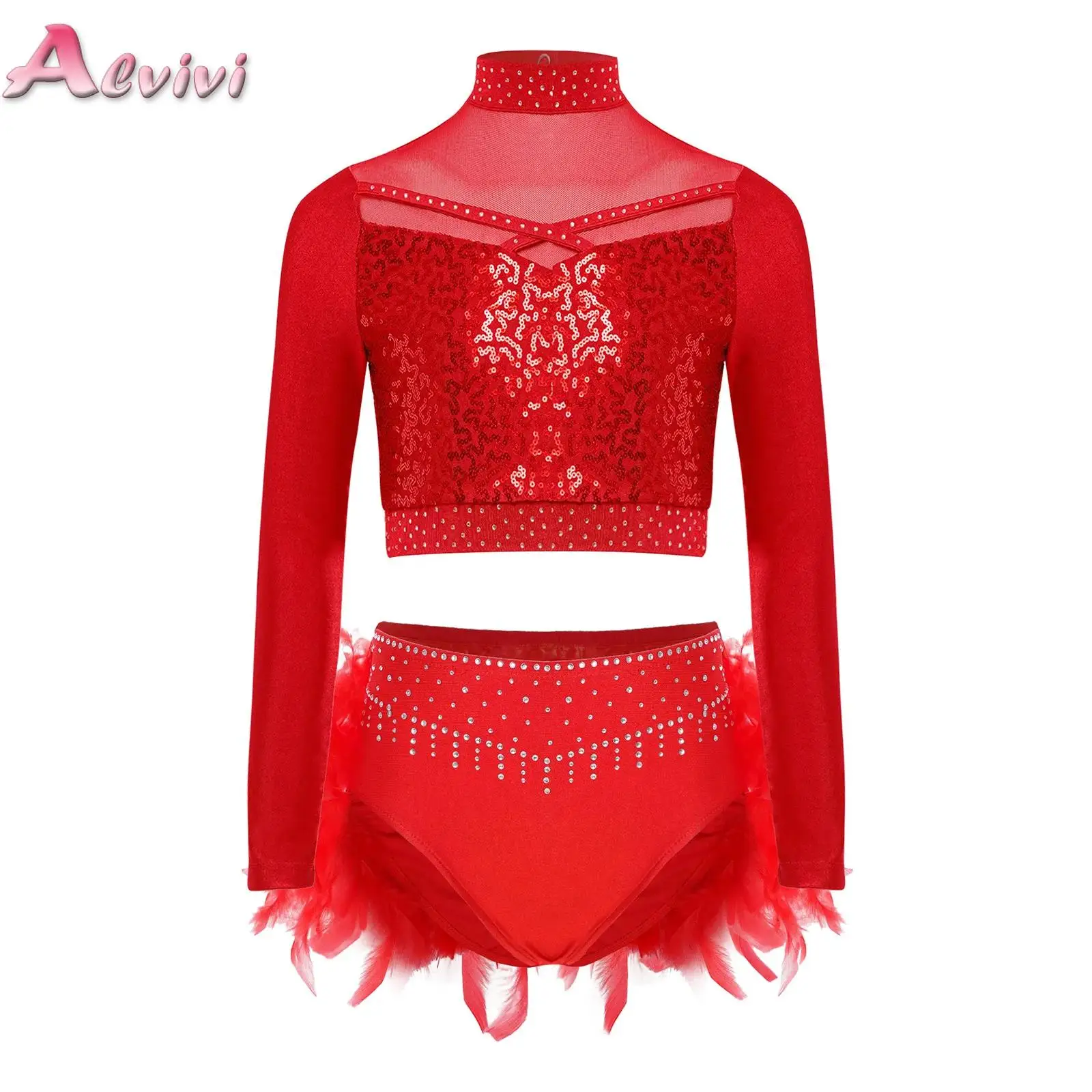 

Kids Girls Jazz Ballet Latin Dance Performance Costume Long Sleeve Sheer Mesh Shiny Sequins Crop Top with Feather Dance Bottoms