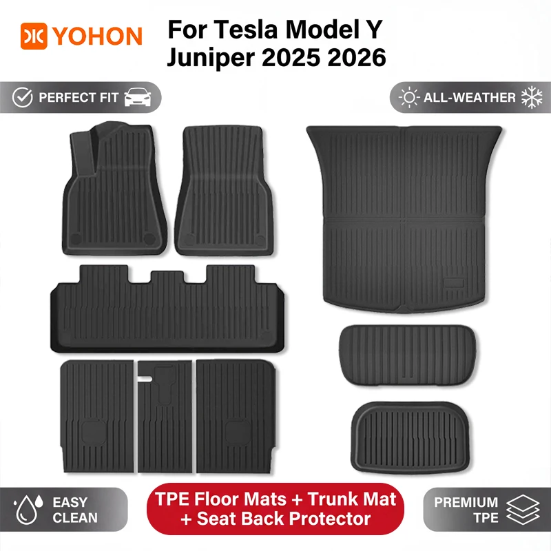 

Коврики YOHON для Tesla Model Y Juniper 2025 2026 TPE, вкладыши в багажник, ковры для ног, водонепроницаемые нескользящие защитные грузовые накладки