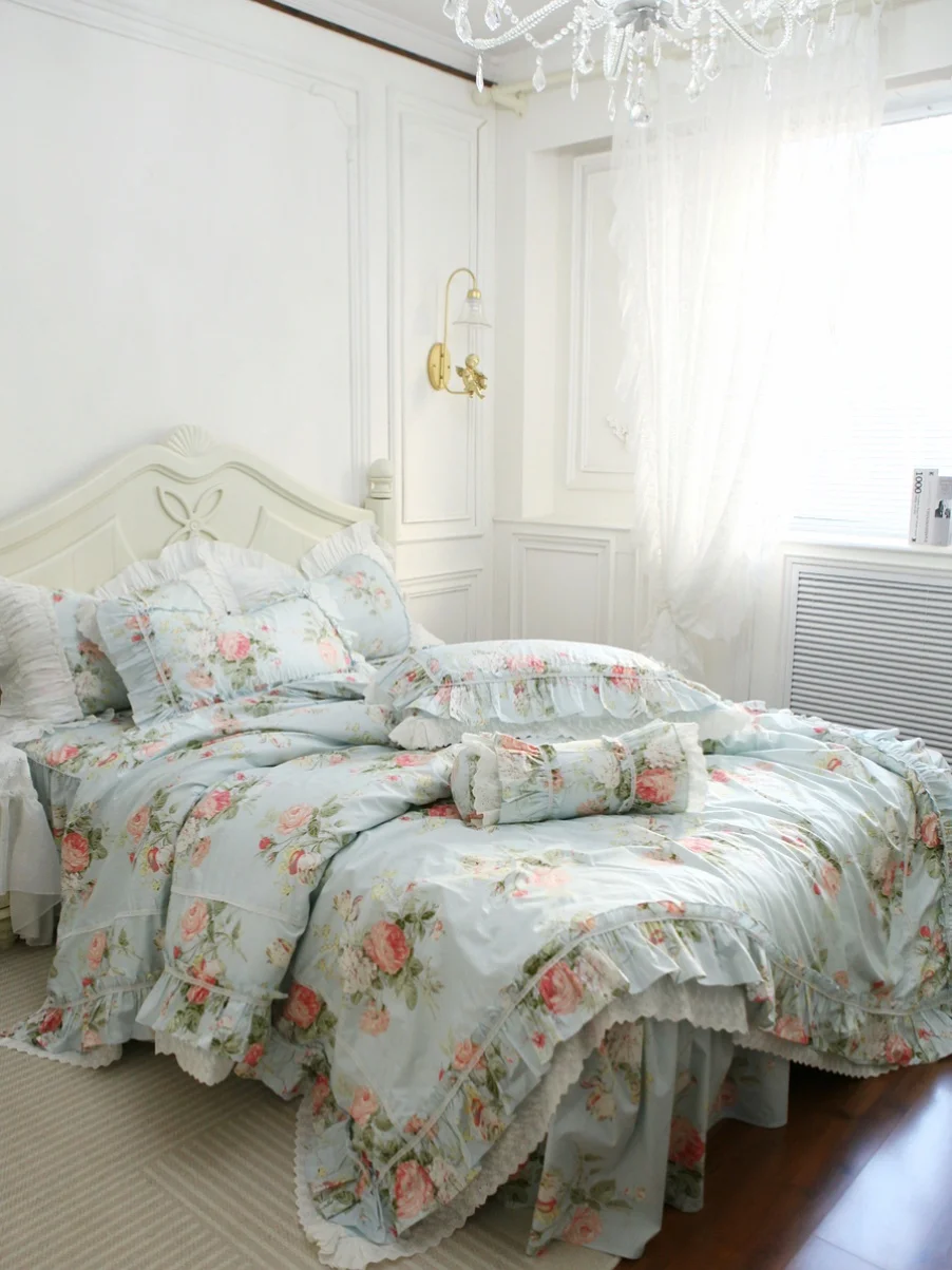 

Korean 100% Cotton Floral Bedding Set, Flounced Rural European Garden Cotton 4pcs Set, Cake Layer Ruffles Duvet Cover King Queen