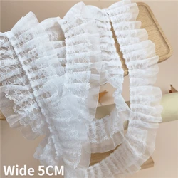 5CM szeroki biały czarny tiul Organza plisowana wstążka materiałowa falbanki sukienka kołnierz robótki Ruffles wykończenie z frędzlami na materiał do szycia