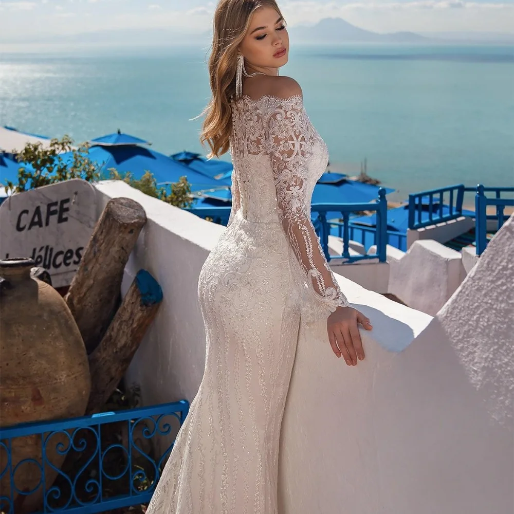 Customized Long Sleeve Lace Mermaid Wedding Dress Off Shoulder Boho Bridal Gowns Appliques Bride Dress Vestido De Noiva YMW69