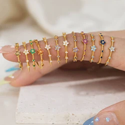 Dainty Colorful Flower Crystal Birthstone Rings for Women CZ Gold Color Stainless Steel Stacking Finger Ring Aesthetic Jewelry