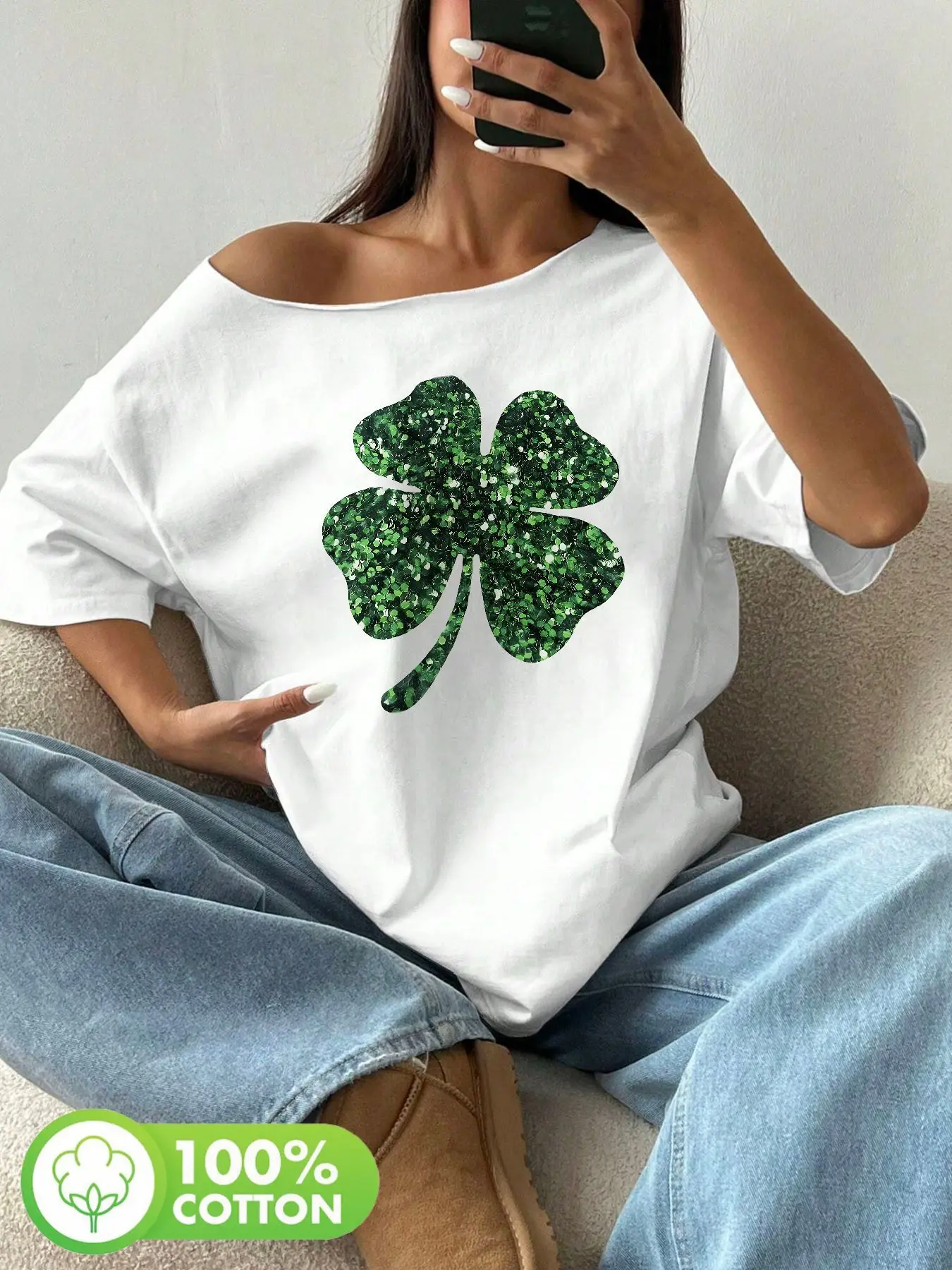 

Plus Size 100% Cotton Shoulder Loose Print T-Shirt Oversized Y2K Style Graphic Tees Women Tops Summer Off The Shoulder Top Lu