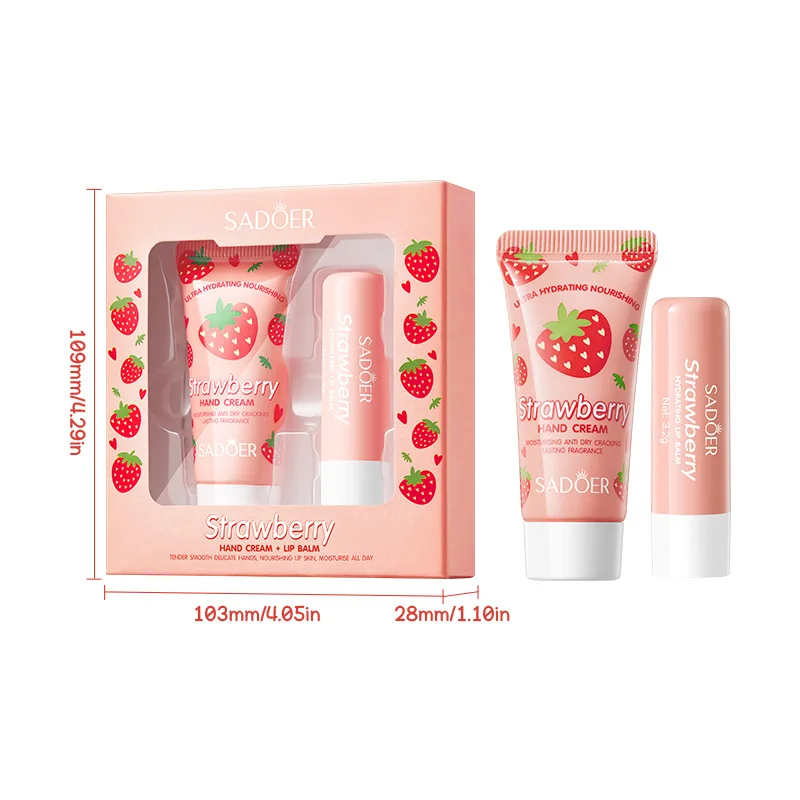 Hot Sale SADOER Strawberry Nourishing Hand Cream Lip Balm Set Autumn/Winter Hand Cream Lip Balm