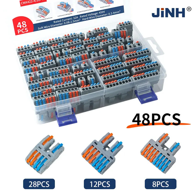 48Pcs Kit Quick Lever Wire Connector Universal Compact Splicing Colorful Terminal Blocks CMK422-X 2 In Multi Out Connection