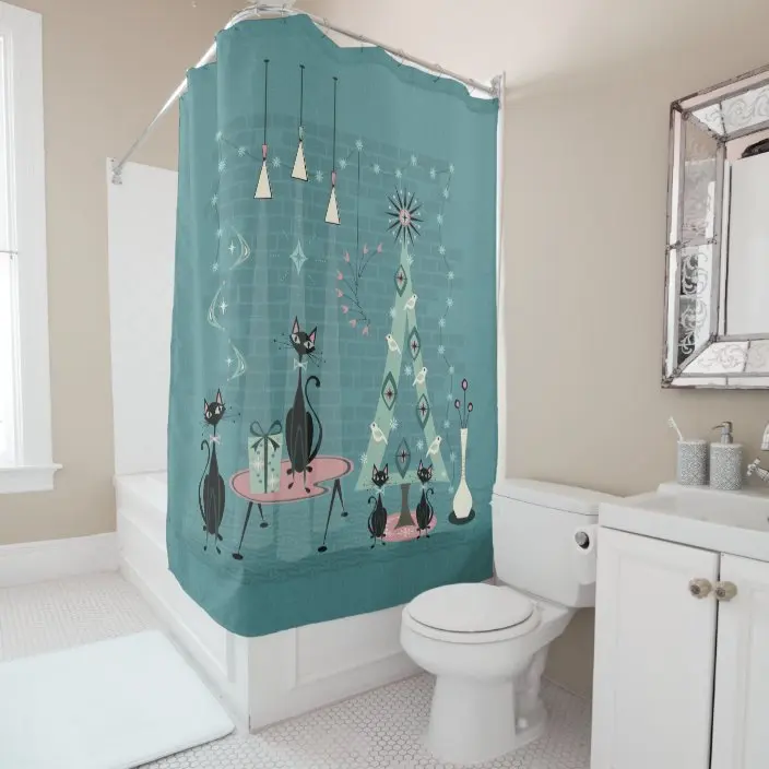 Retro Atomic Cat Mid-Century Cat Family Holiday ©️studioxtine Shower Curtain Bathroom Curtain With Hook Bathroom Curtain