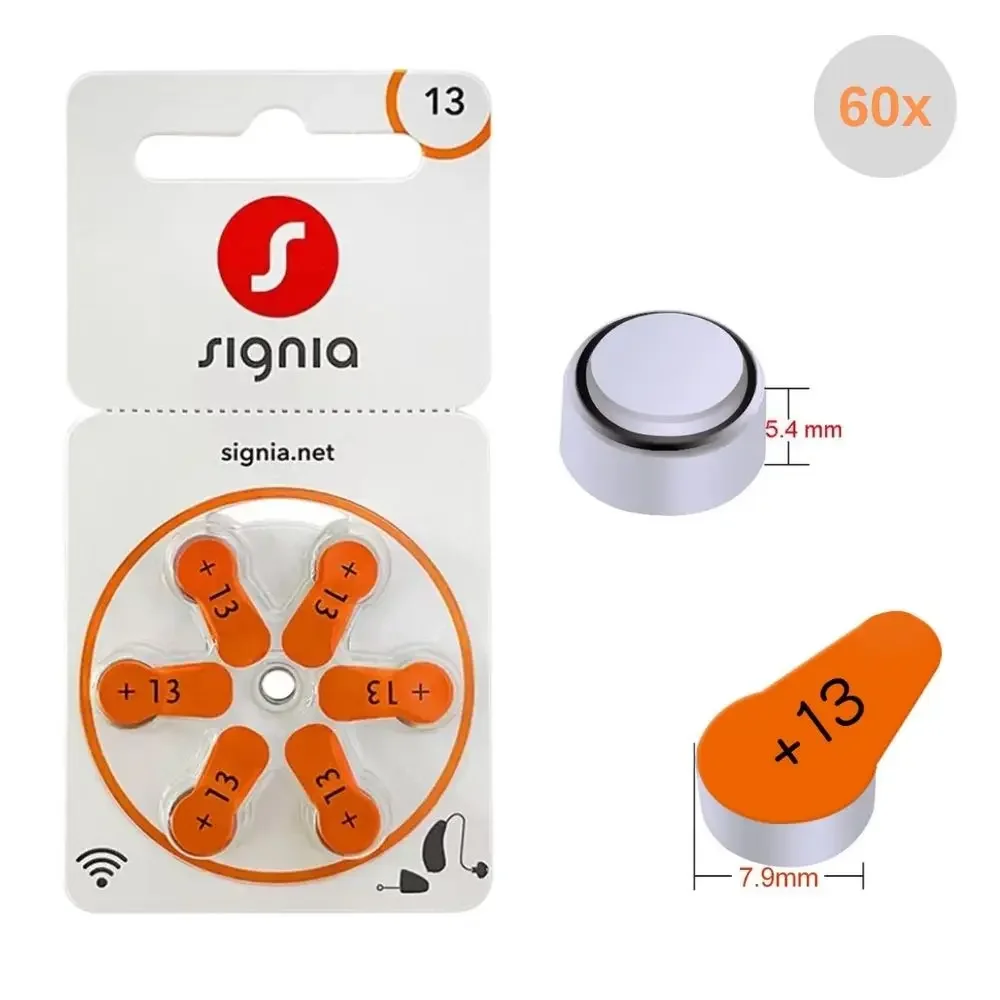 Signia 60 PCS High Performance Hearing Aid Batteries. Zinc Air 13 / P13 / PR48 Battery for BTE Hearing aids Drop Shipping