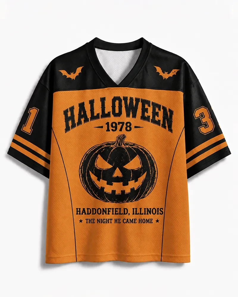 Halloween Mesh V-neck Jersey Retro Halloween Haunted House Pumpkin Bat Full Moon Print American Loose Fitting Rugby Shirt Top
