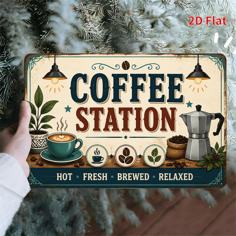 2D Flat - Decorative Sign 2D Flat, [2Dflat], 1pc 11.81X7.87Inch - COFFEE STATION Decorative Signs, Retro Metal Tin Plaque, Coffe