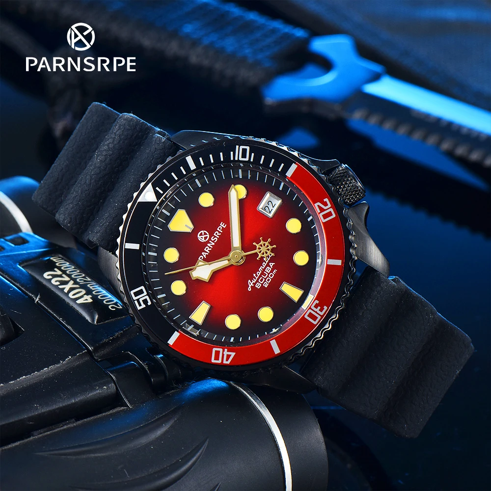 PARNSRPE Divers Men\'s Automatic Watch Luminous Dial Sapphire Glass NH35 Movement Date Indicator burst red