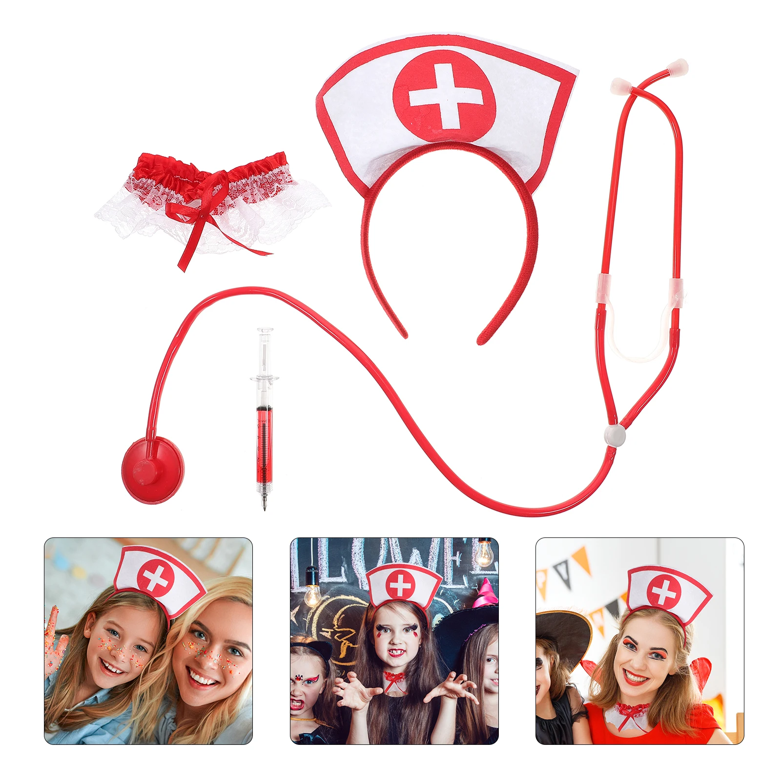 

Nurse Costume Kit 1 Pc Red Lace Elastic Satin Halloween Props Cosplay Party Nurse Accessory Stethoscope Hairband Decorative