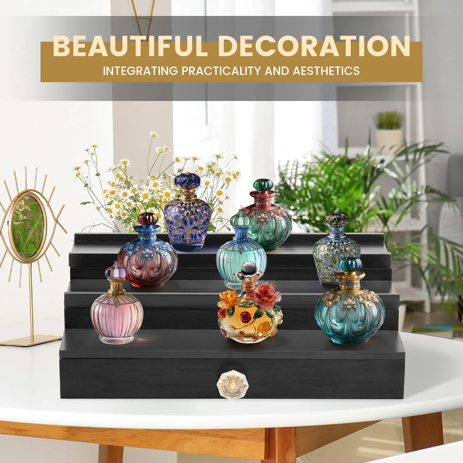 Wooden Perfume Organizer for Jewelry Perfume Watch 3 Tier Stepped Fragrance Organizer Sturdy Perfume Storage Stand With Drawer