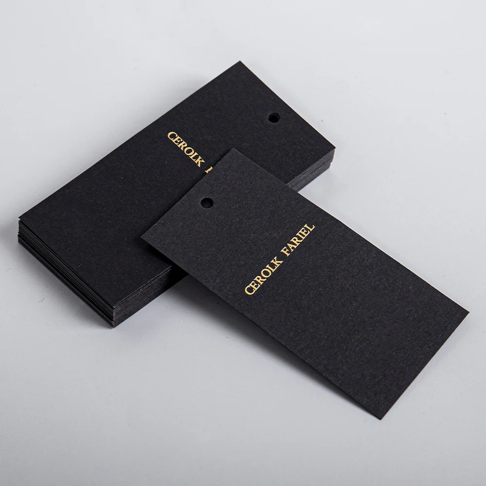 

100Pcs Custom Black Paper Hang Tags with Logo, 600gsm Luxury Gold Foil Stamping for Clothing Brand Hanging Tag