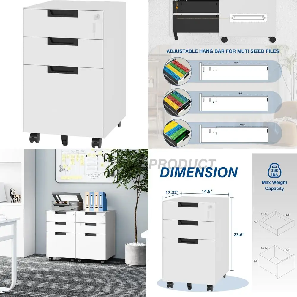 Mobile Vertical File Cabinets with Lock, Legal/Letter Size, Pre-Built Office Storage Solutions for Secure Document Management