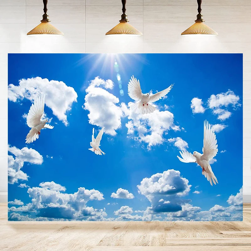 Jesus Christ Photography Backdrop Peace Dove Holy Spirit Bird Blue Sky White Clouds Heaven Background Church Decor Banner