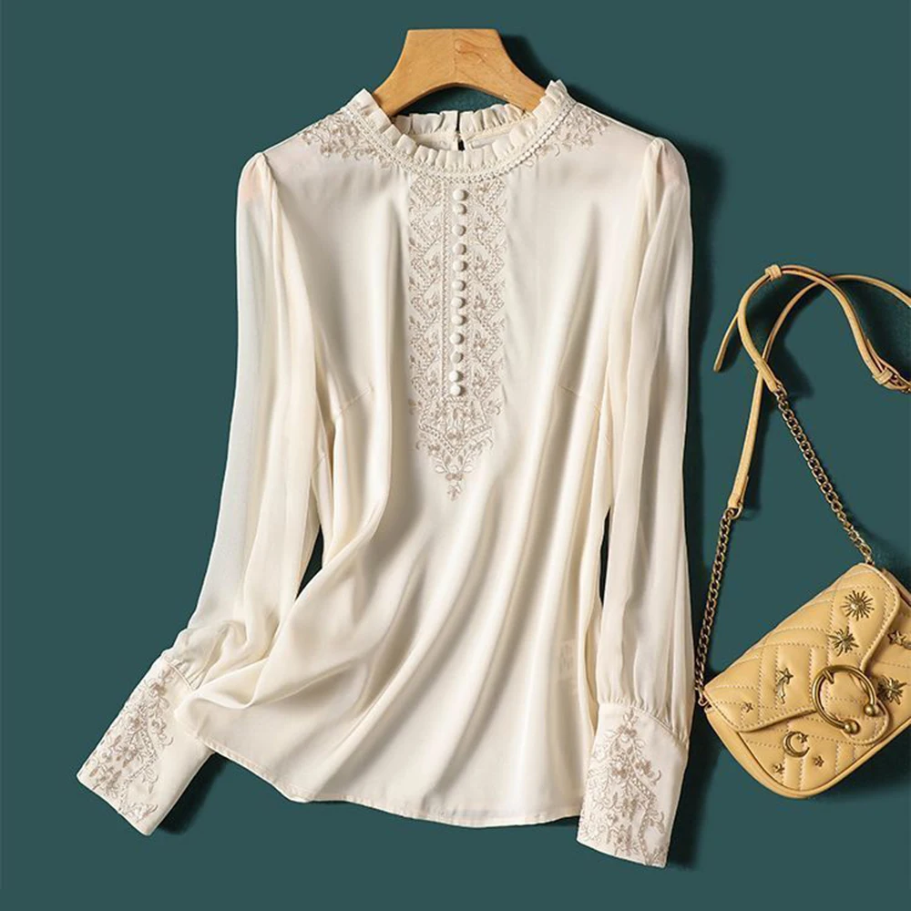 

Heavy imitation silk top women's 2025 autumn high-end long-sleeved mulberry silk embroidered shirt chic temperament shirt