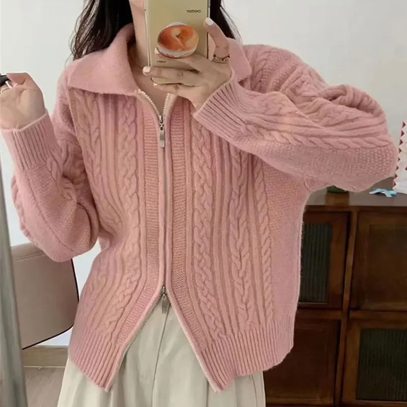 Knitted Cardigan Solid Loose Turn Down Collar Zipper Knitwears 2023 New Autumn Korean Style Vintage Sweet Thicken Women Sweater