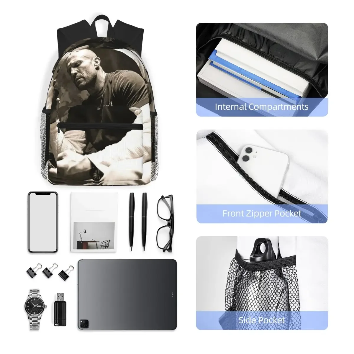 ジェイソン・ステイサム 学生バックパック スクールバッグ ハイキング トラベル デイパック 男の子 女の子 ブックバッグ ショルダーバッグ