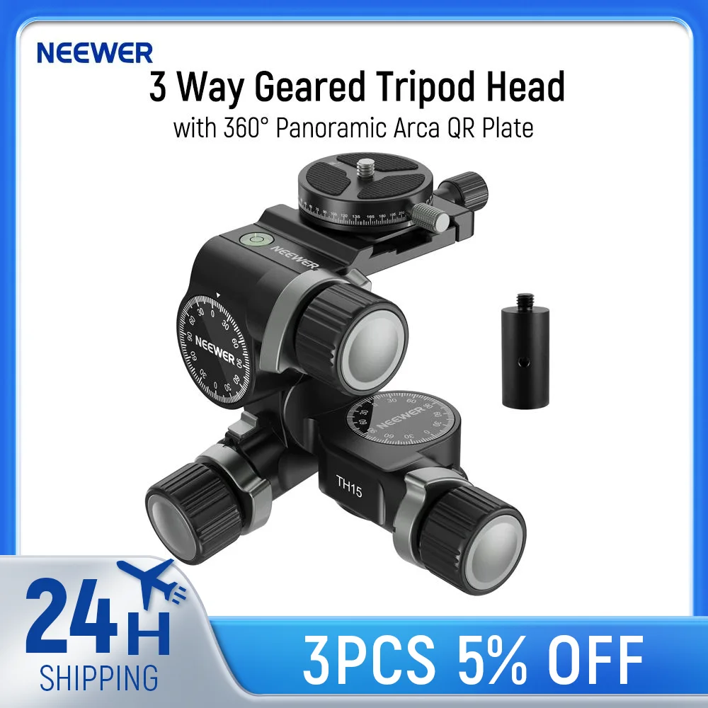 NEEWER 3 Way Geared Tripod Head with 360° Panoramic Arca QR Plate Millimeter Micro Adjustment Aluminum Alloy 3 Axis Head