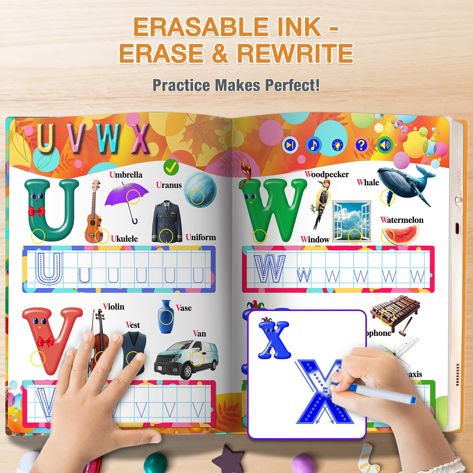 

Английская звуковая книга: Алфавит ABC, цифры, каллиграфия, обучение математике, письму. Многоразовая книга для дошкольников и детей.