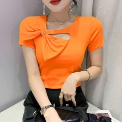 New 2023 Summer Short Sleeved Women's T-Shirt Fashion Casual Solid Color Bow Tops Camisetas Female Clothing